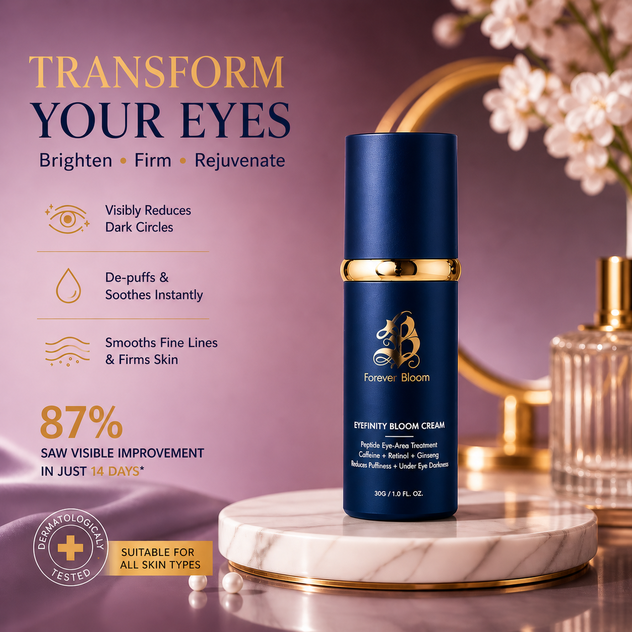 Blue eye cream bottle with product benefits on a purple background