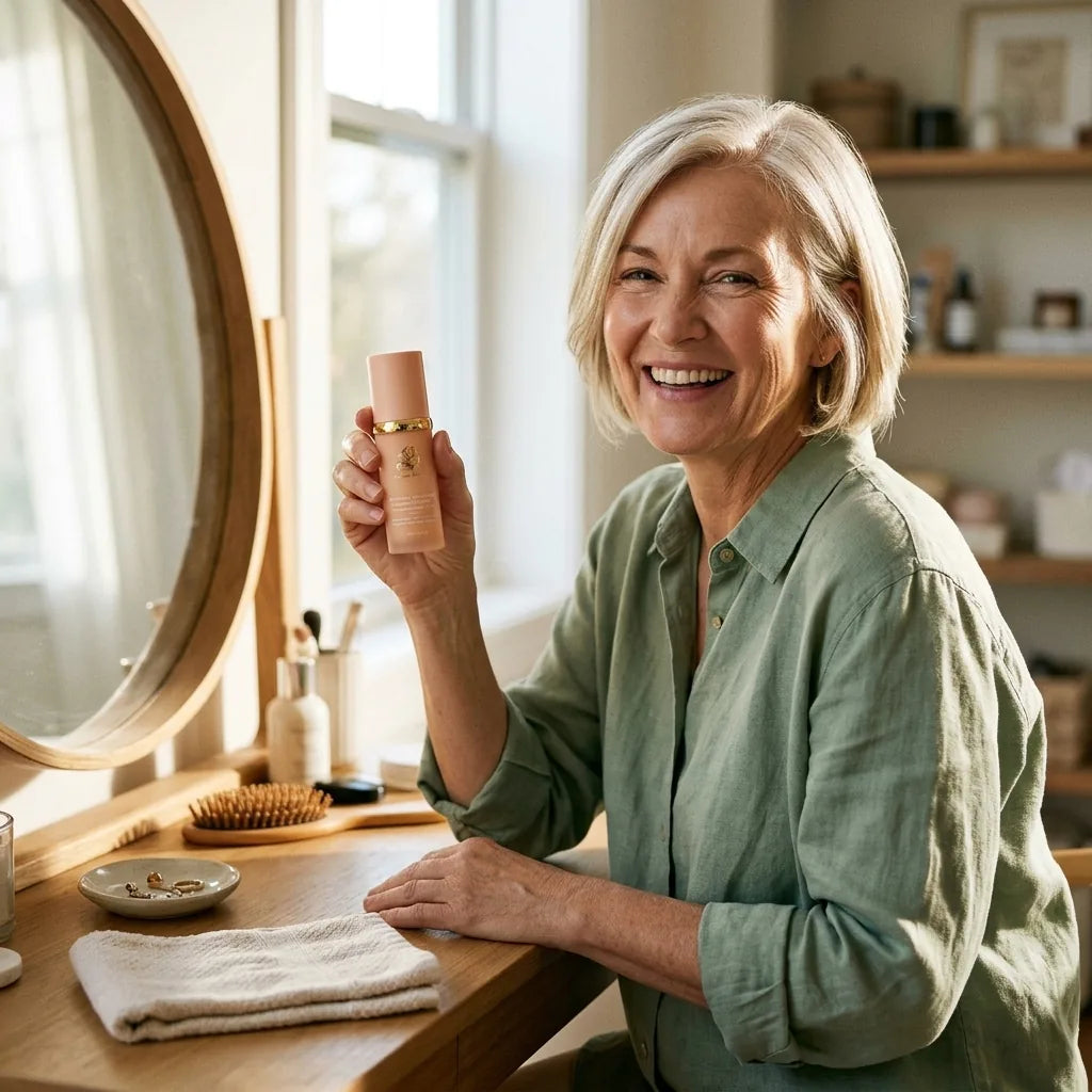 Illustrative portrait of a woman in her late fifties holding Biomimic Foundation at her vanity