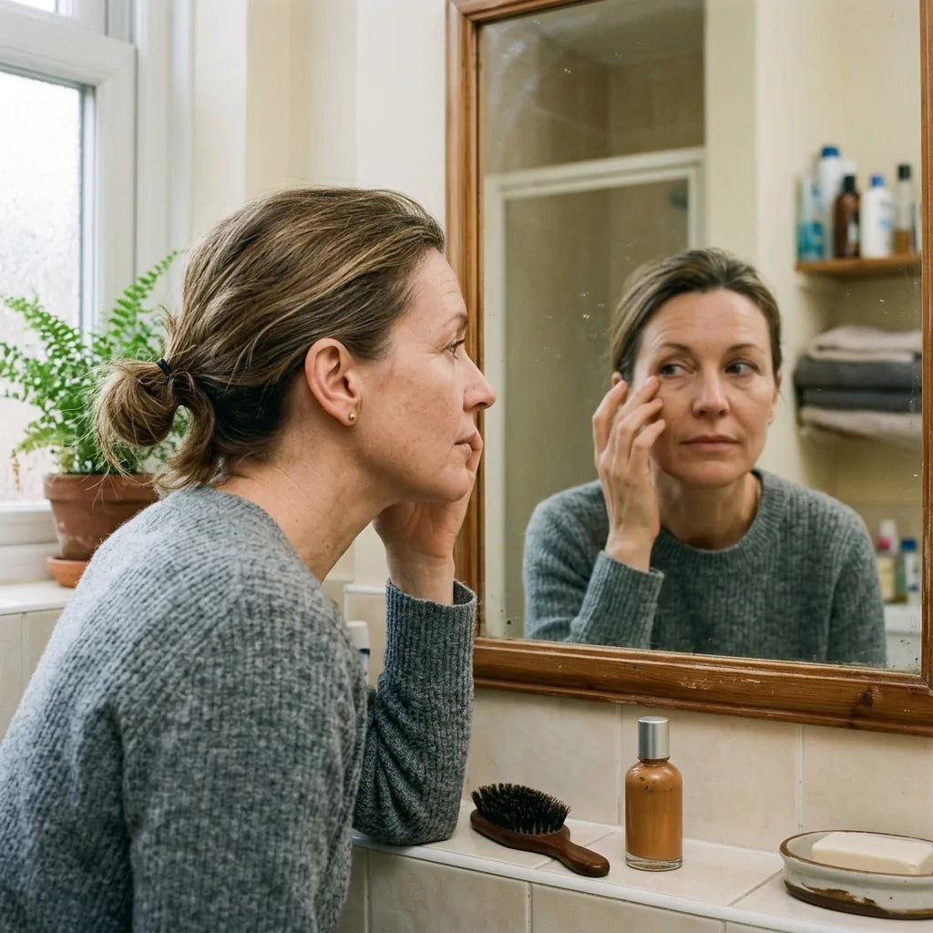 Illustration: A woman in her forties studies the skin under her eye in a bathroom mirror
