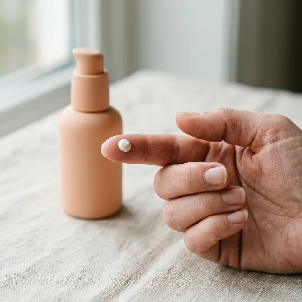 Illustration: A fingertip holding a small dot of pale foundation beside a peach pump bottle