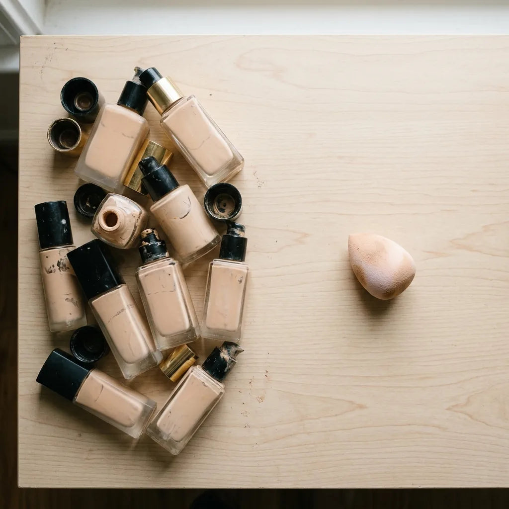 Illustration: A vanity crowded with near-identical beige foundation bottles