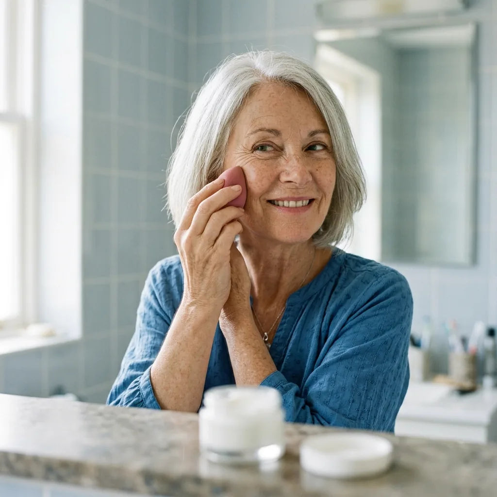 Illustration: A silver-haired woman presses a damp sponge to her cheekbone