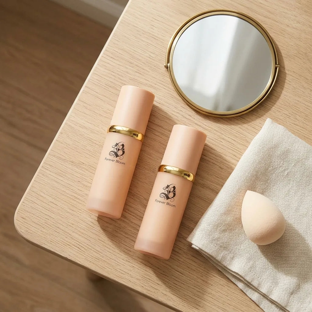 Illustration: Two Biomimic Foundation bottles beside a vanity mirror