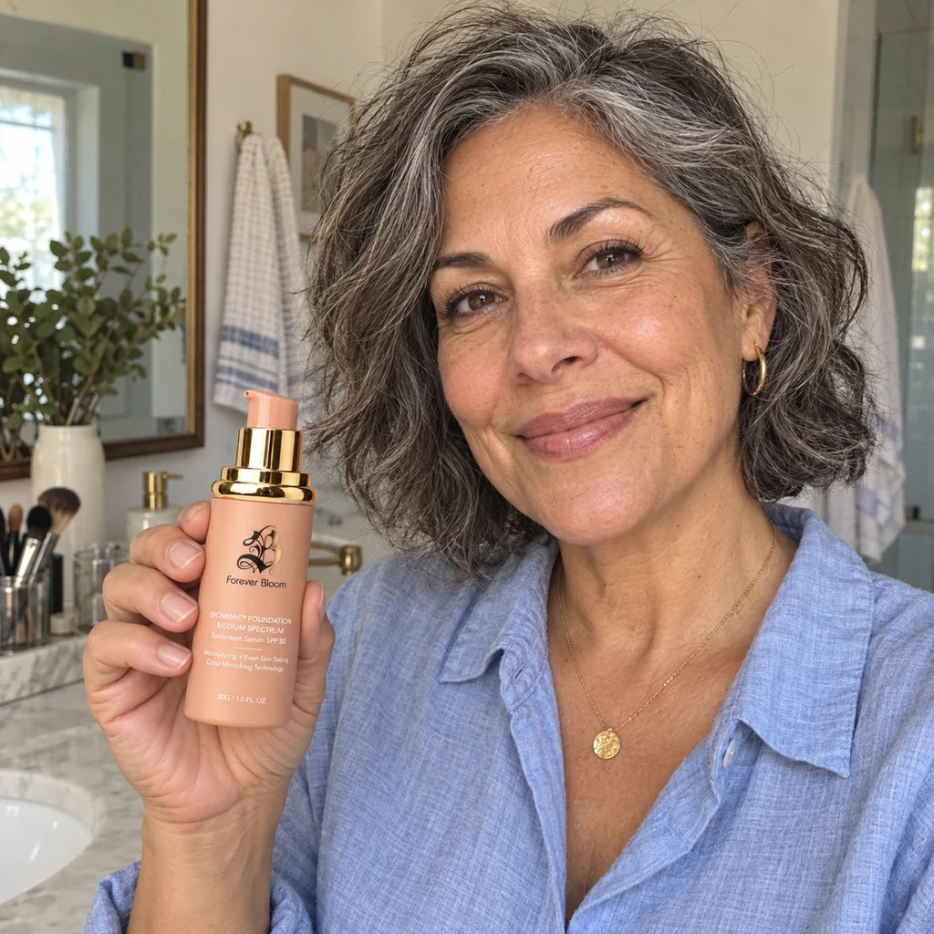Illustrative portrait of a woman in her fifties holding Medium Spectrum foundation at her vanity