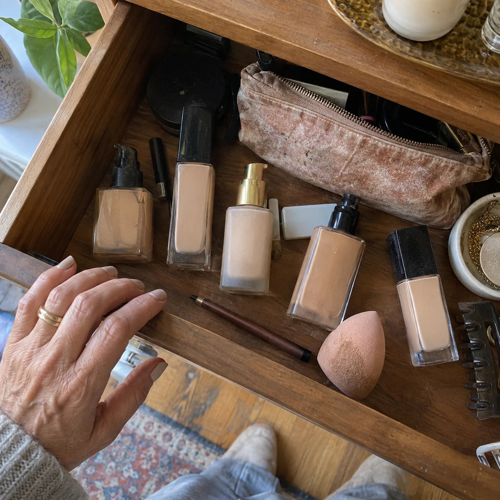 Illustration: A makeup drawer with several almost-right foundation bottles