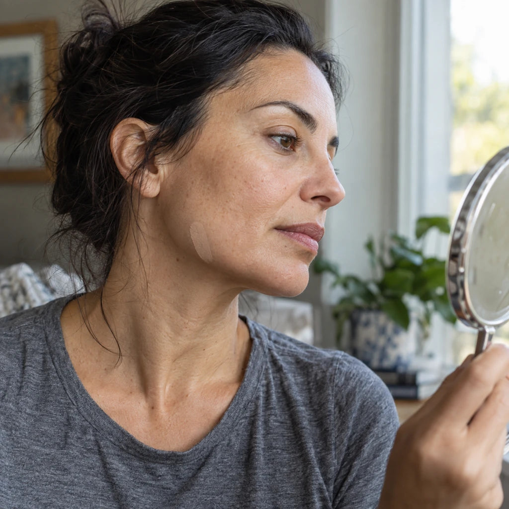 Illustration: A woman checks a foundation swatch at her jaw in natural light