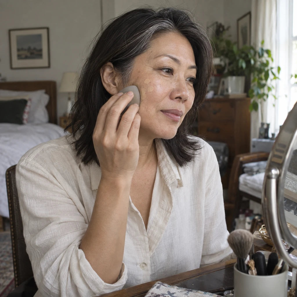 Illustration: A woman blends a small amount of foundation with a sponge