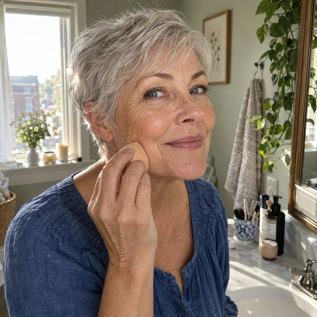 Illustration: A silver-haired woman applies makeup over natural skin texture
