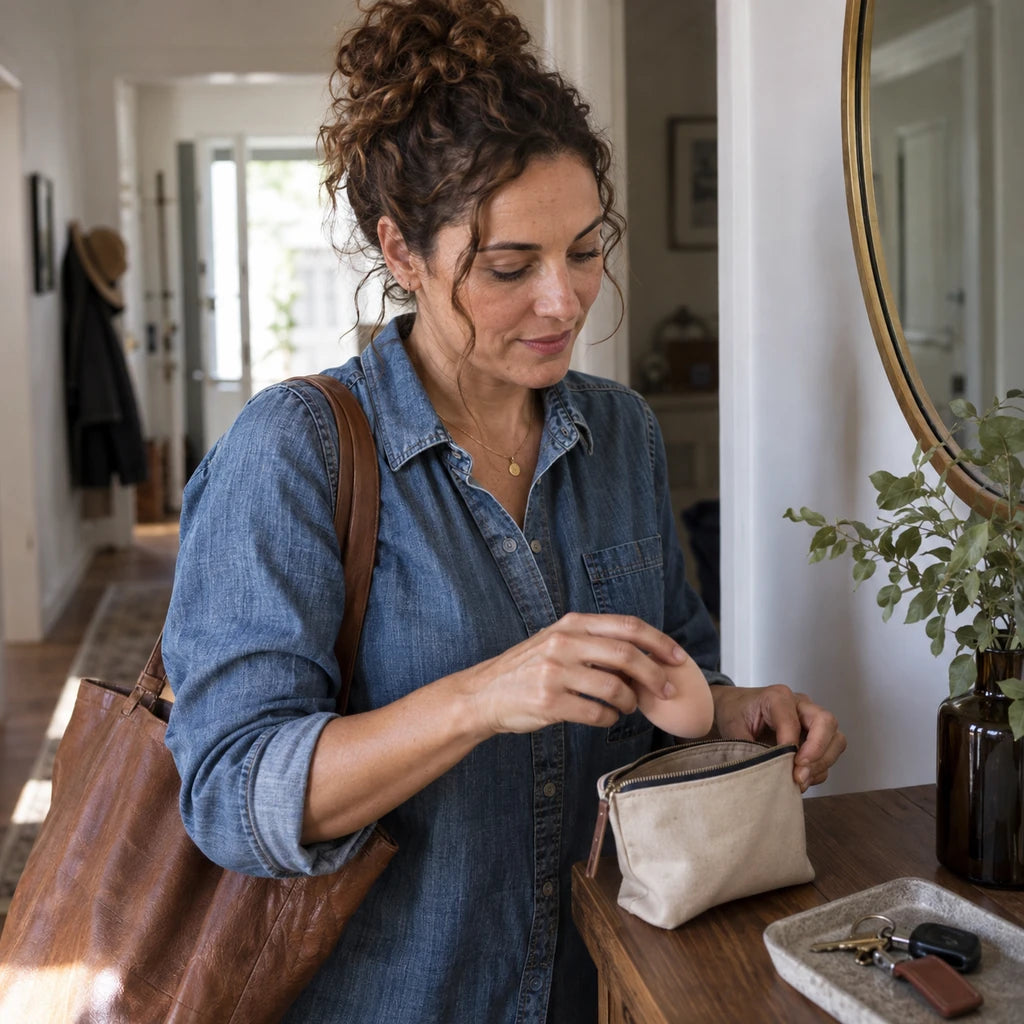 Illustration: A woman packs her makeup pouch before leaving home