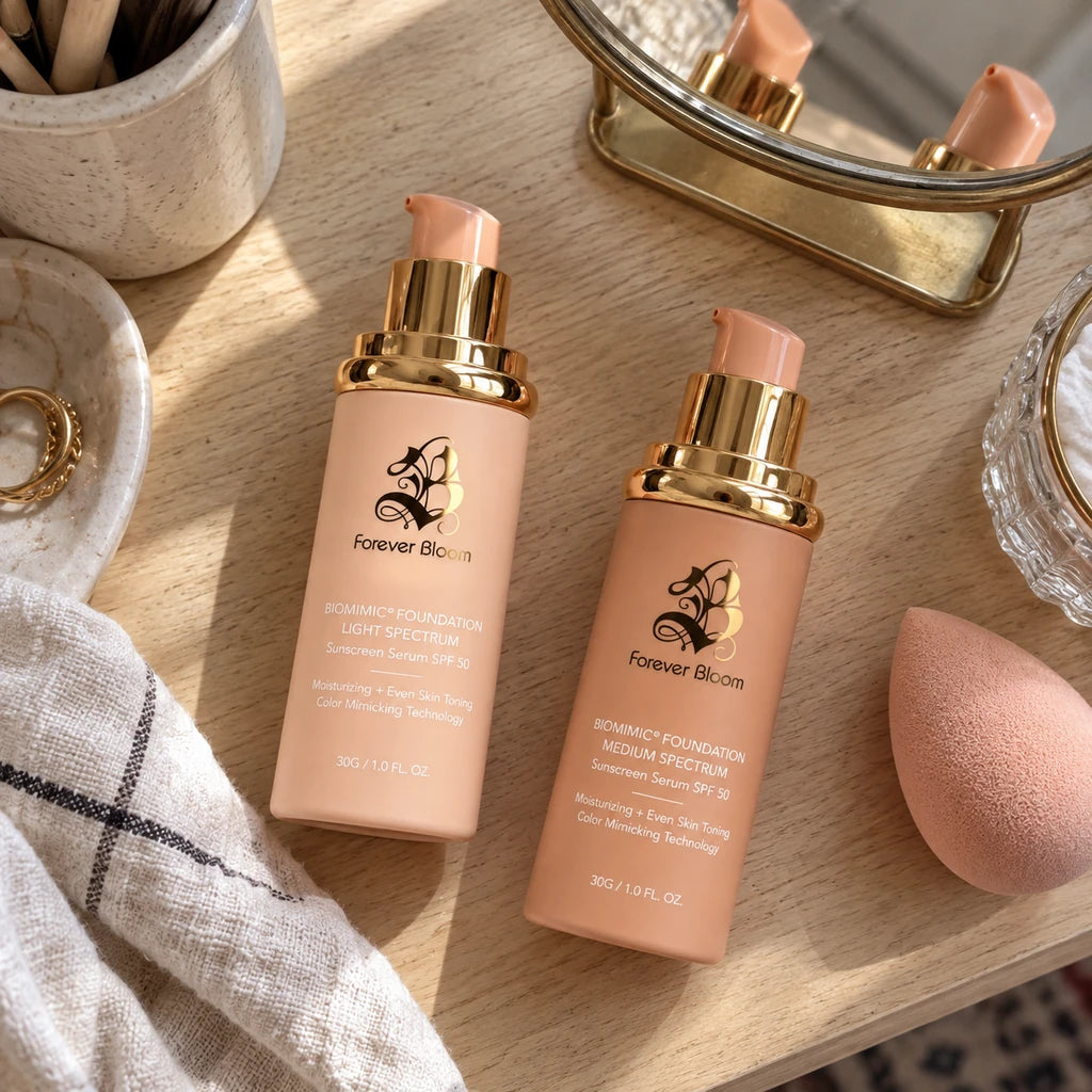 Illustration: Light and Medium foundation bottles beside a mirror